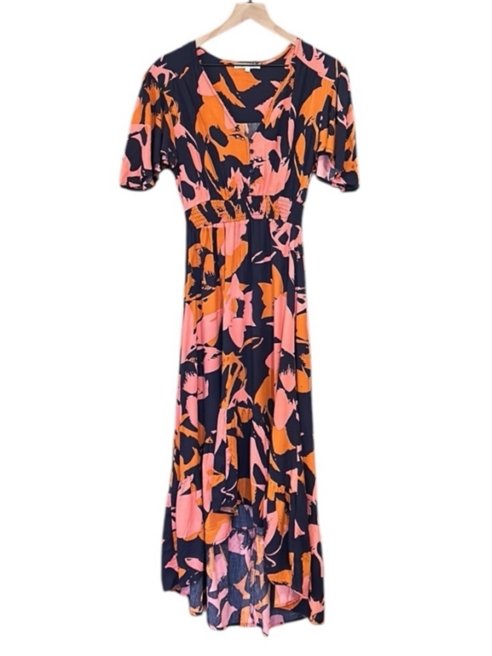 Abel The Label Clare Combo Maxi Dress Flutter Sleeve Smocked Pleated Small - Picture 4 of 10